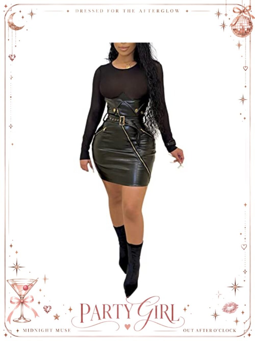 Faux Leather Sheer Mesh Patchwork Mini Dress Long Sleeve Bodycon Party Club